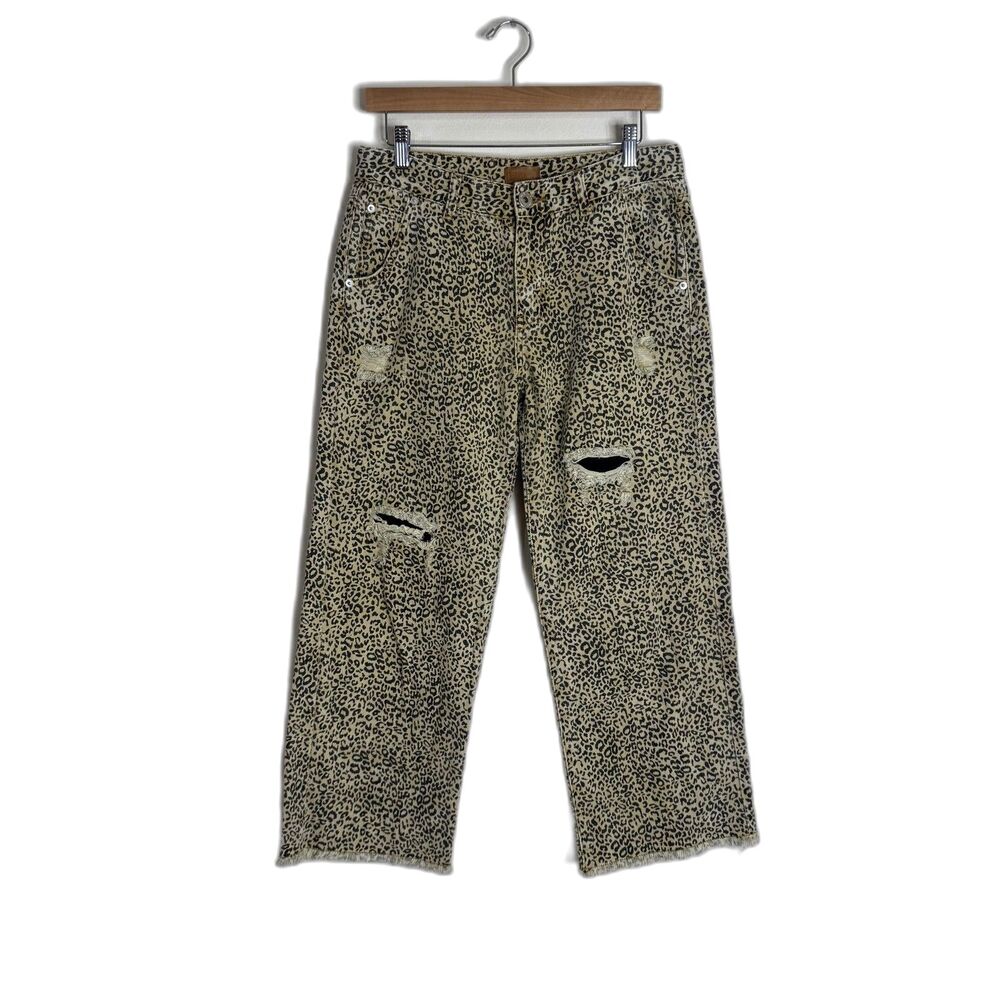 POL Jeans Womens 30 Medium Beige High Rise Crop Relaxed Leopard Distressed Denim